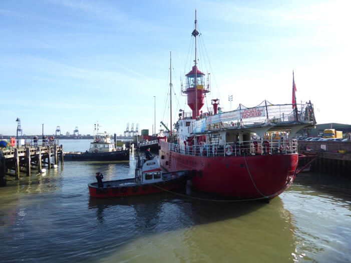 LV18 leaving her Harwich berth in 2018 for the berth to be dredged.